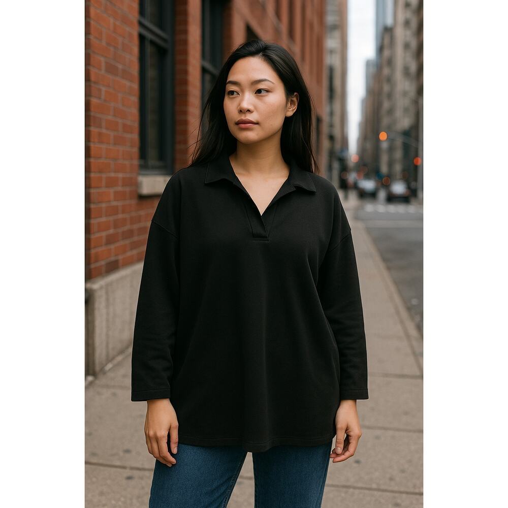 Pomander Place Oversized Collared Pullover Top – Black – XS/S